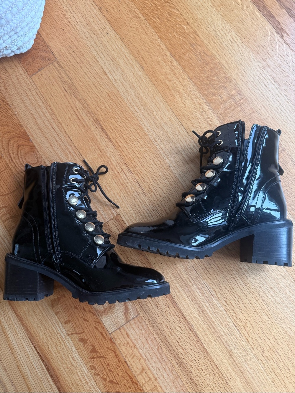 River Island Margot Black Patent Lace-Up Chunky Heeled Boots Size 7